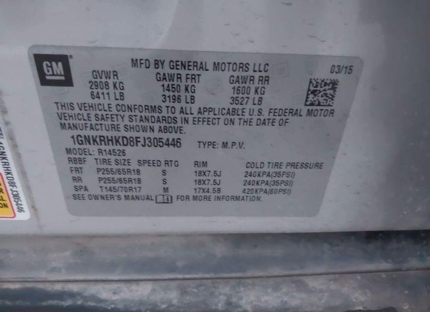 Photo 9 of 2015 Chevrolet Traverse 2LT (VIN 1GNKRHKD8FJ305446)