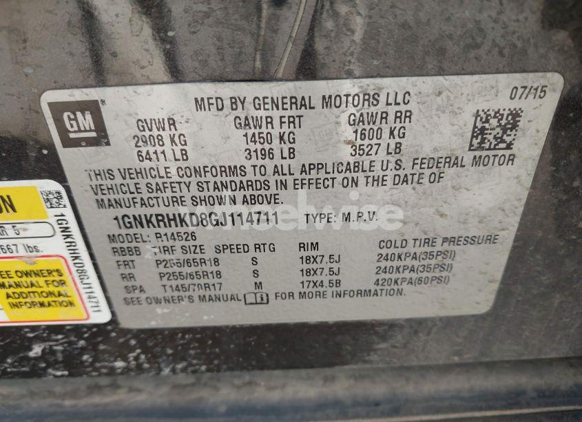 Photo 9 of 2016 Chevrolet Traverse 2LT (VIN 1GNKRHKD8GJ114711)