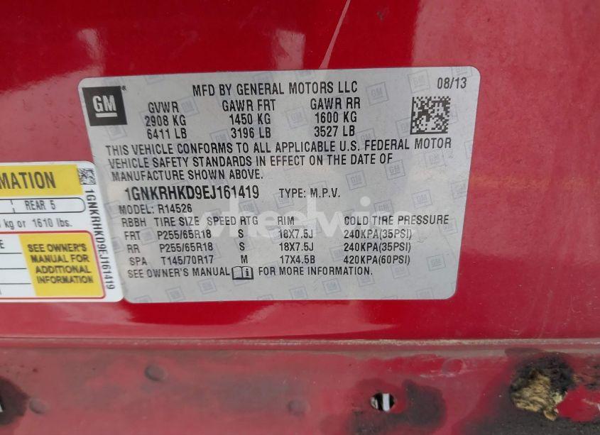 Photo 9 of 2014 Chevrolet Traverse 2LT (VIN 1GNKRHKD9EJ161419)