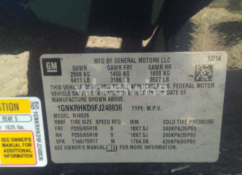 Photo 9 of 2015 Chevrolet Traverse 2LT (VIN 1GNKRHKD9FJ248836)