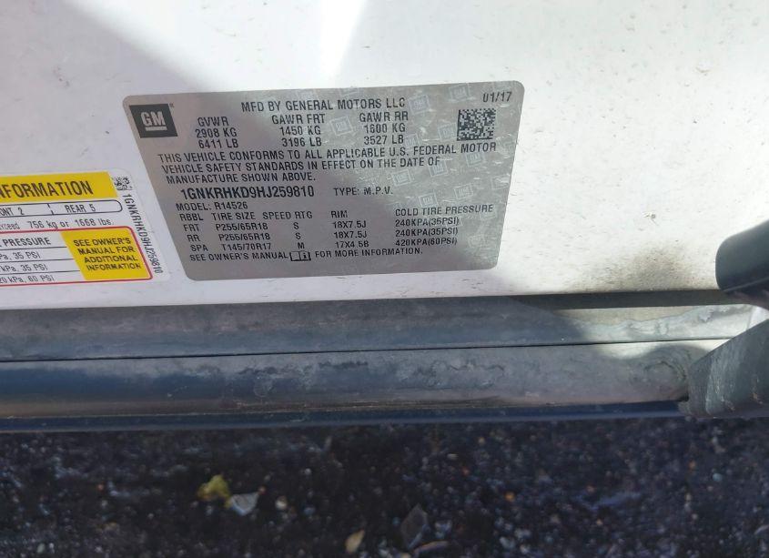 Photo 9 of 2017 Chevrolet Traverse 2LT (VIN 1GNKRHKD9HJ259810)