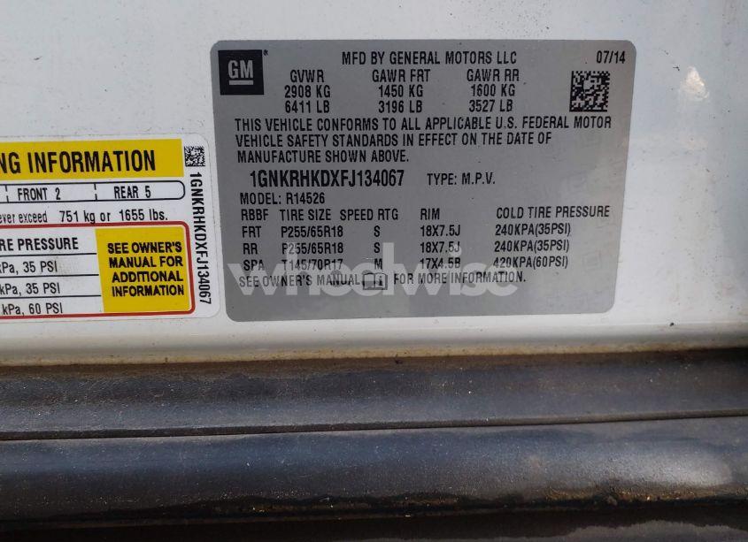 Photo 9 of 2015 Chevrolet Traverse 2LT (VIN 1GNKRHKDXFJ134067)