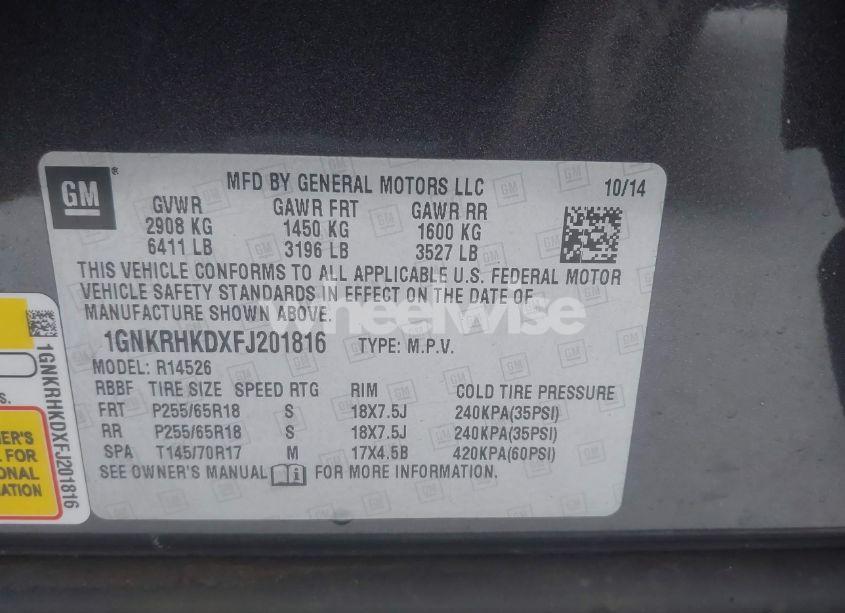 Photo 9 of 2015 Chevrolet Traverse 2LT (VIN 1GNKRHKDXFJ201816)