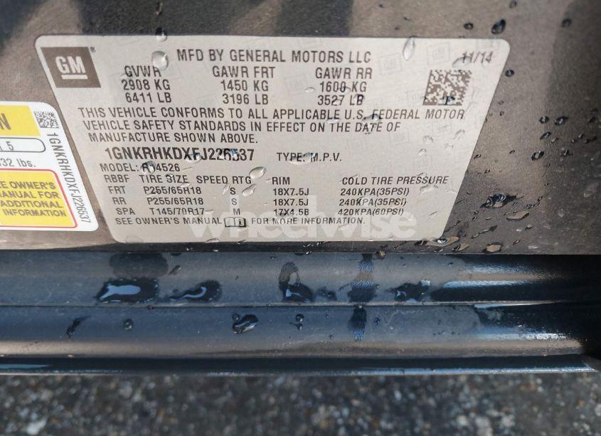 Photo 9 of 2015 Chevrolet Traverse 2LT (VIN 1GNKRHKDXFJ226537)