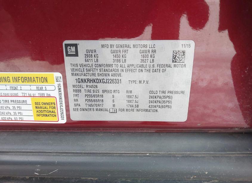 Photo 9 of 2016 Chevrolet Traverse 2LT (VIN 1GNKRHKDXGJ226331)