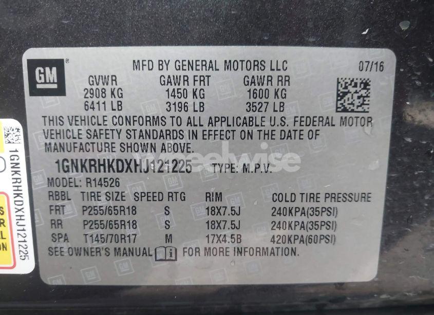 Photo 9 of 2017 Chevrolet Traverse 2LT (VIN 1GNKRHKDXHJ121225)