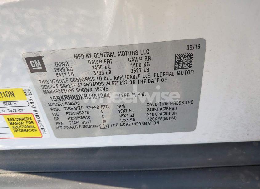 Photo 9 of 2017 Chevrolet Traverse 2LT (VIN 1GNKRHKDXHJ151244)