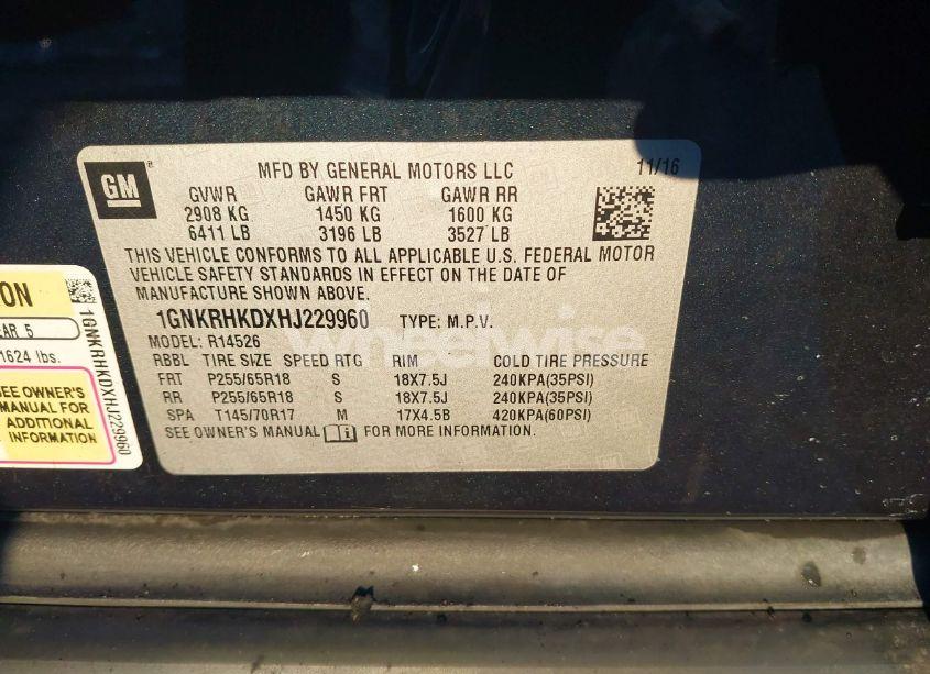 Photo 9 of 2017 Chevrolet Traverse 2LT (VIN 1GNKRHKDXHJ229960)