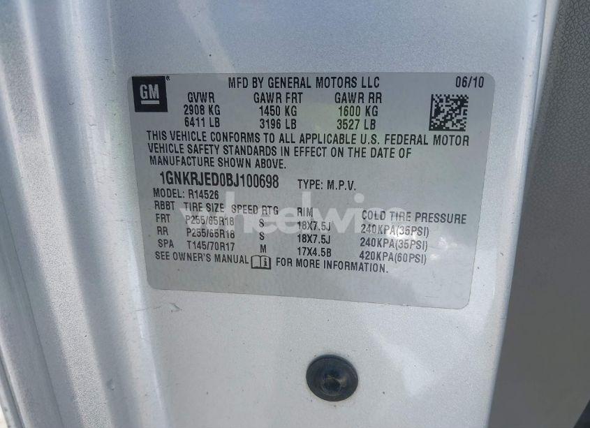 Photo 9 of 2011 Chevrolet Traverse 2LT (VIN 1GNKRJED0BJ100698)