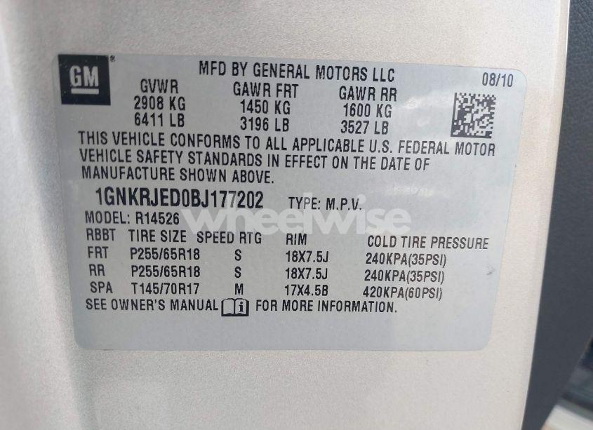 Photo 9 of 2011 Chevrolet Traverse 2LT (VIN 1GNKRJED0BJ177202)