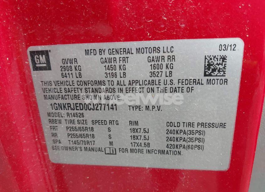 Photo 9 of 2012 Chevrolet Traverse 2LT (VIN 1GNKRJED0CJ277141)