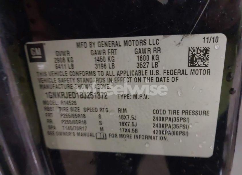 Photo 9 of 2011 Chevrolet Traverse 2LT (VIN 1GNKRJED1BJ251372)