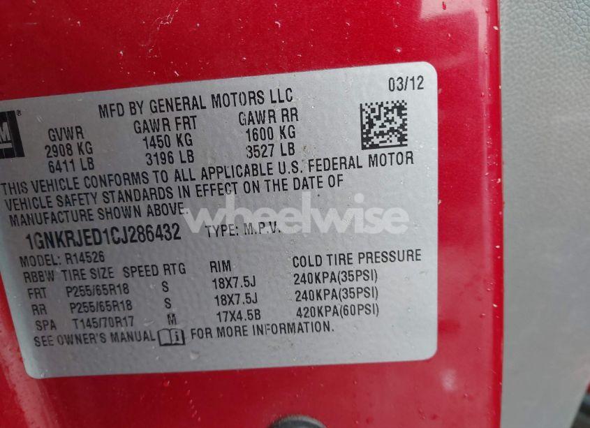 Photo 9 of 2012 Chevrolet Traverse 2LT (VIN 1GNKRJED1CJ286432)