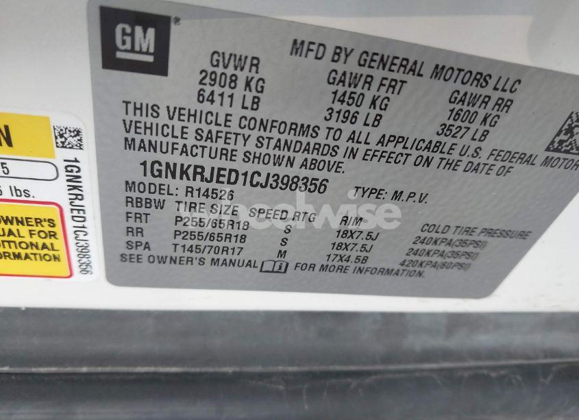 Photo 9 of 2012 Chevrolet Traverse 2LT (VIN 1GNKRJED1CJ398356)