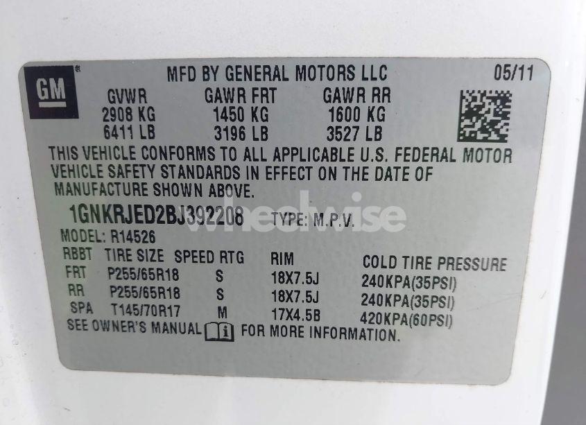 Photo 9 of 2011 Chevrolet Traverse 2LT (VIN 1GNKRJED2BJ392208)