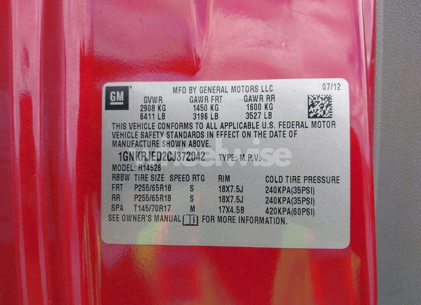 Photo 9 of 2012 Chevrolet Traverse 2LT (VIN 1GNKRJED2CJ372042)