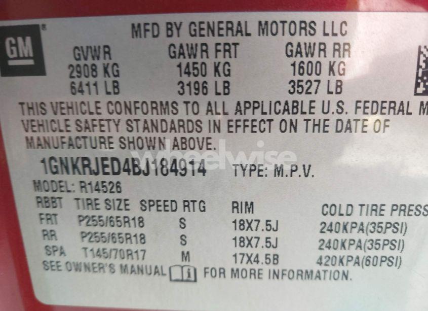 Photo 9 of 2011 Chevrolet Traverse 2LT (VIN 1GNKRJED4BJ184914)