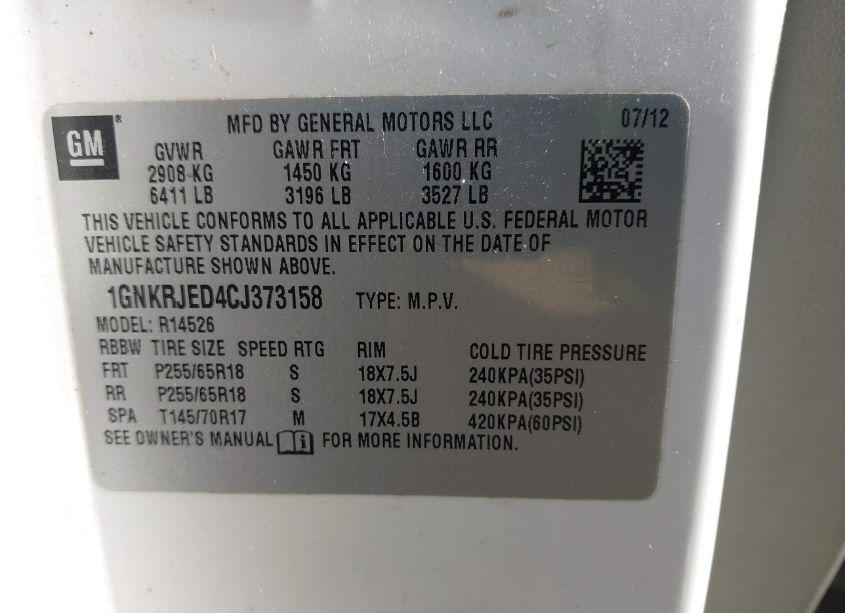 Photo 9 of 2012 Chevrolet Traverse 2LT (VIN 1GNKRJED4CJ373158)