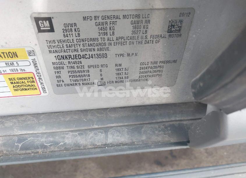 Photo 9 of 2012 Chevrolet Traverse 2LT (VIN 1GNKRJED4CJ413593)