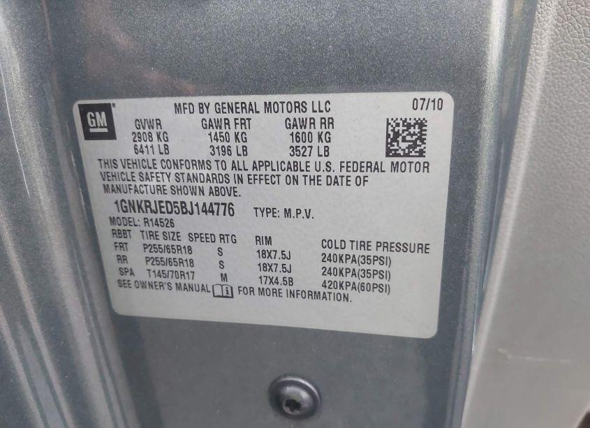 Photo 9 of 2011 Chevrolet Traverse 2LT (VIN 1GNKRJED5BJ144776)