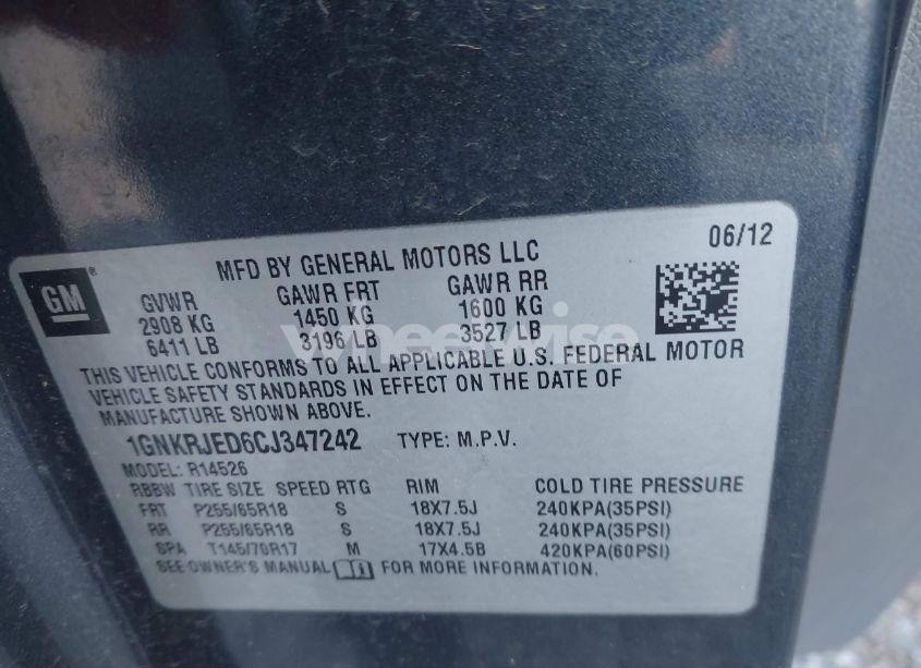 Photo 9 of 2012 Chevrolet Traverse 2LT (VIN 1GNKRJED6CJ347242)