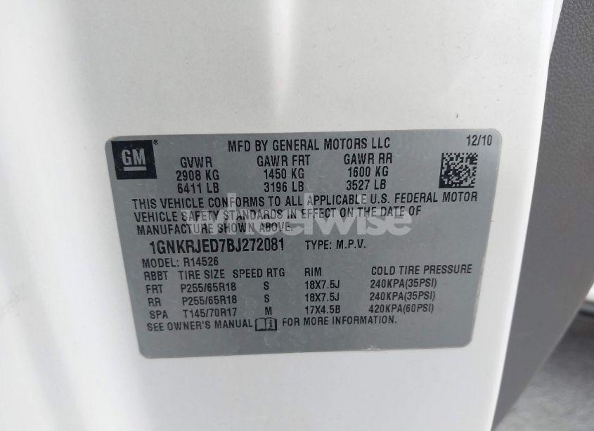 Photo 9 of 2011 Chevrolet Traverse 2LT (VIN 1GNKRJED7BJ272081)