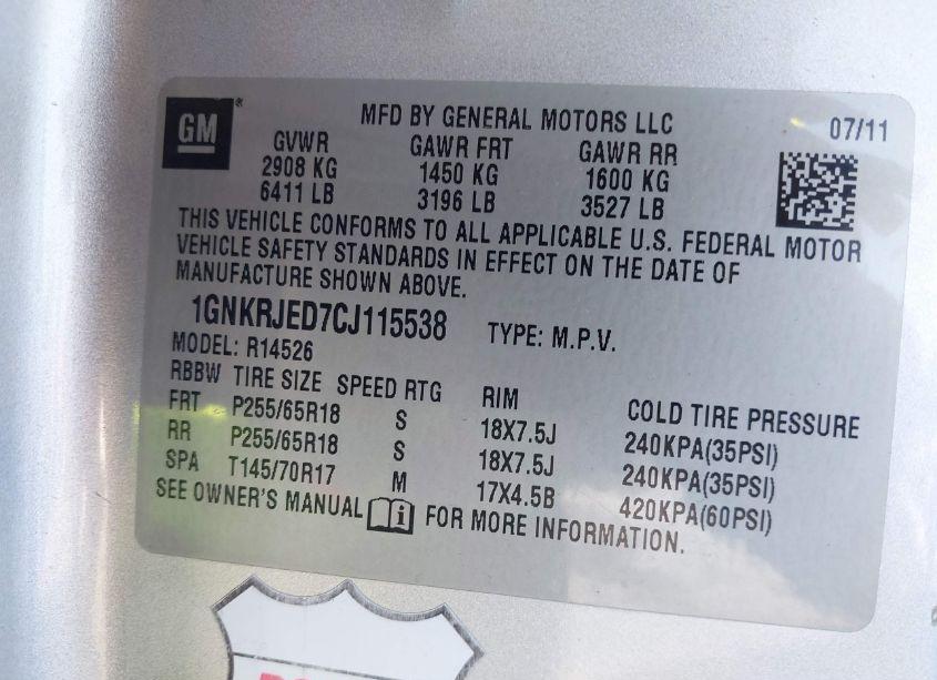 Photo 9 of 2012 Chevrolet Traverse 2LT (VIN 1GNKRJED7CJ115538)