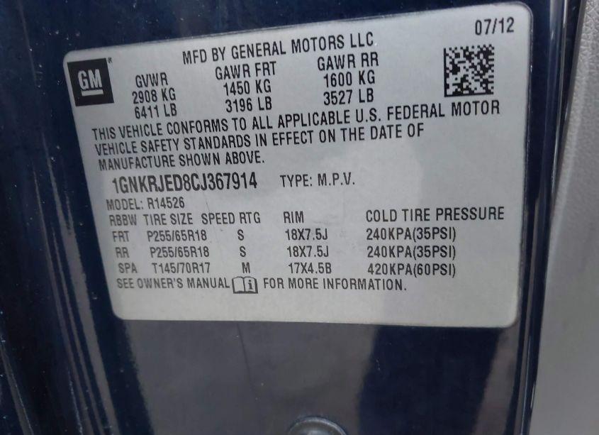 Photo 9 of 2012 Chevrolet Traverse 2LT (VIN 1GNKRJED8CJ367914)