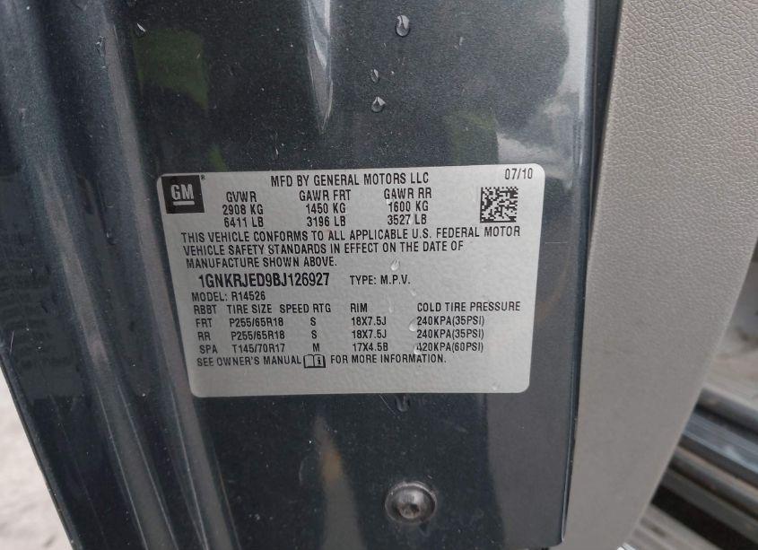 Photo 9 of 2011 Chevrolet Traverse 2LT (VIN 1GNKRJED9BJ126927)