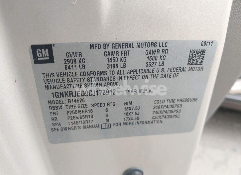 Photo 9 of 2012 Chevrolet Traverse 2LT (VIN 1GNKRJED9CJ173912)