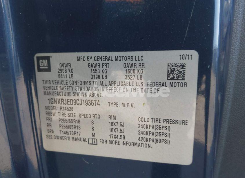 Photo 9 of 2012 Chevrolet Traverse 2LT (VIN 1GNKRJED9CJ193674)