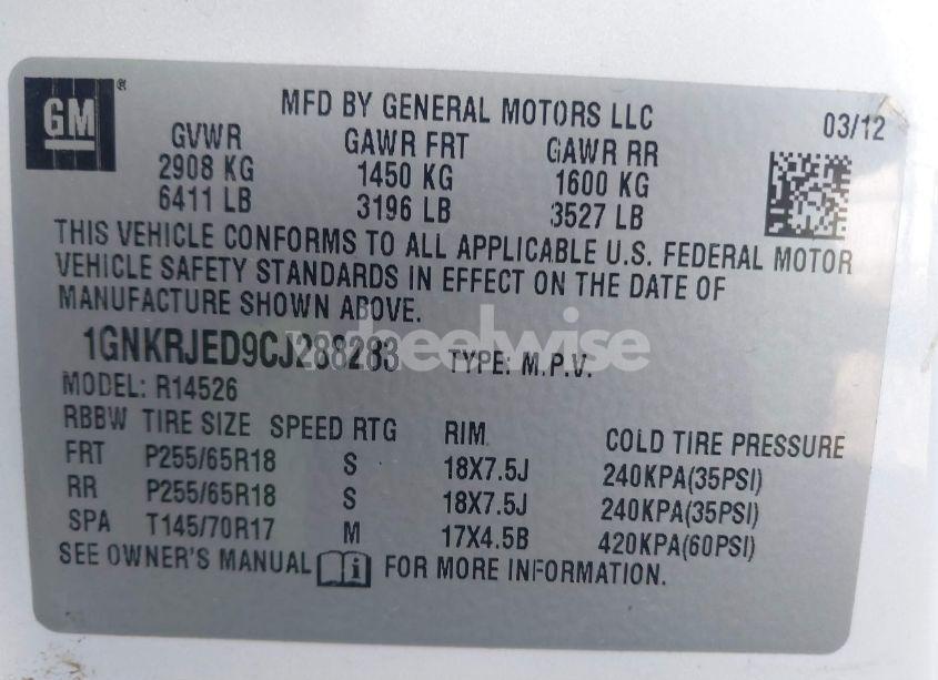 Photo 9 of 2012 Chevrolet Traverse 2LT (VIN 1GNKRJED9CJ288283)