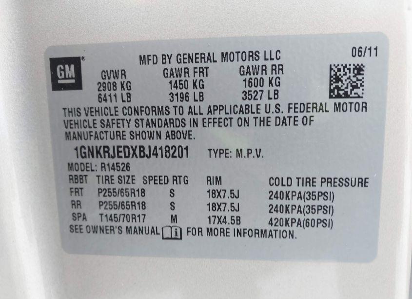 Photo 9 of 2011 Chevrolet Traverse 2LT (VIN 1GNKRJEDXBJ418201)