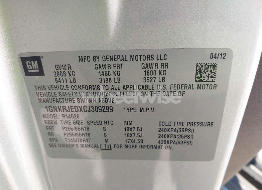 Photo 9 of 2012 Chevrolet Traverse 2LT (VIN 1GNKRJEDXCJ309299)