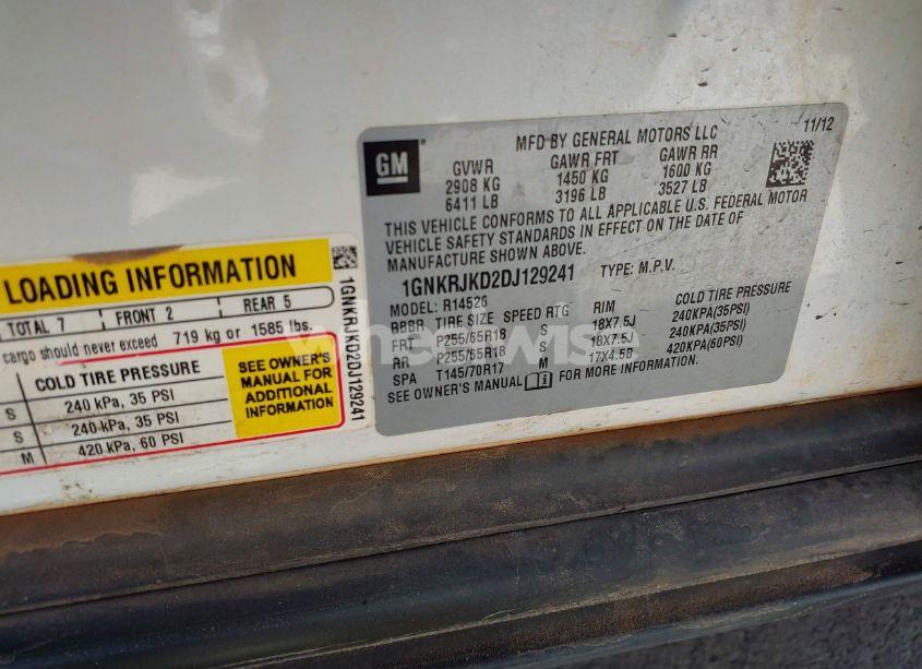 Photo 9 of 2013 Chevrolet Traverse 2LT (VIN 1GNKRJKD2DJ129241)