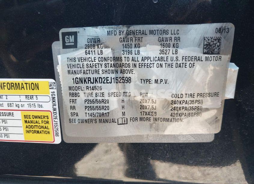 Photo 9 of 2014 Chevrolet Traverse LTZ (VIN 1GNKRJKD2EJ152598)