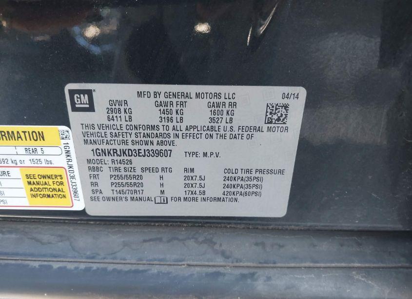 Photo 9 of 2014 Chevrolet Traverse LTZ (VIN 1GNKRJKD3EJ339607)