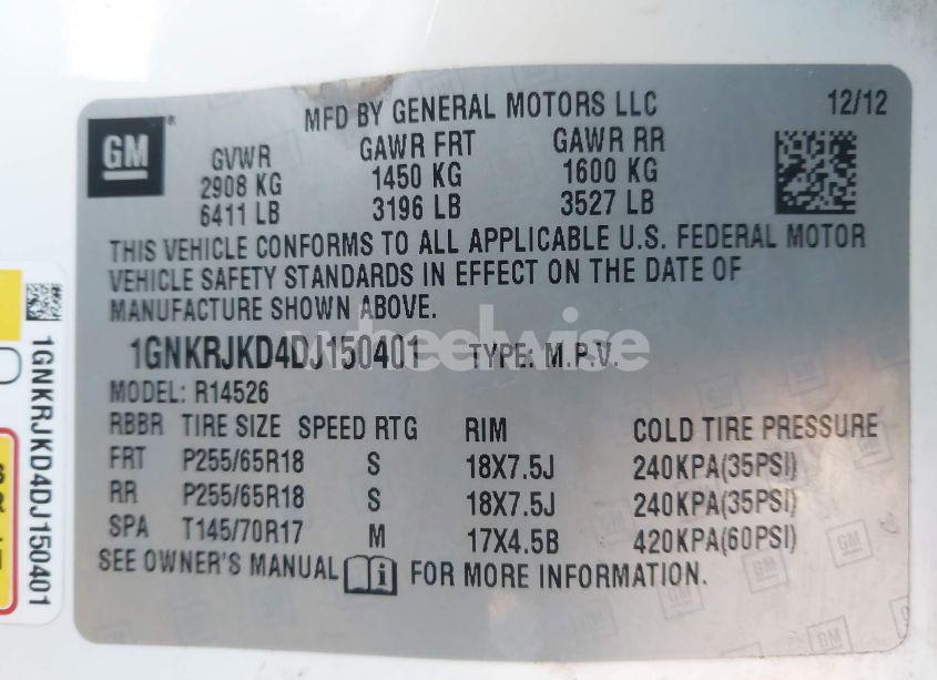 Photo 9 of 2013 Chevrolet Traverse 2LT (VIN 1GNKRJKD4DJ150401)