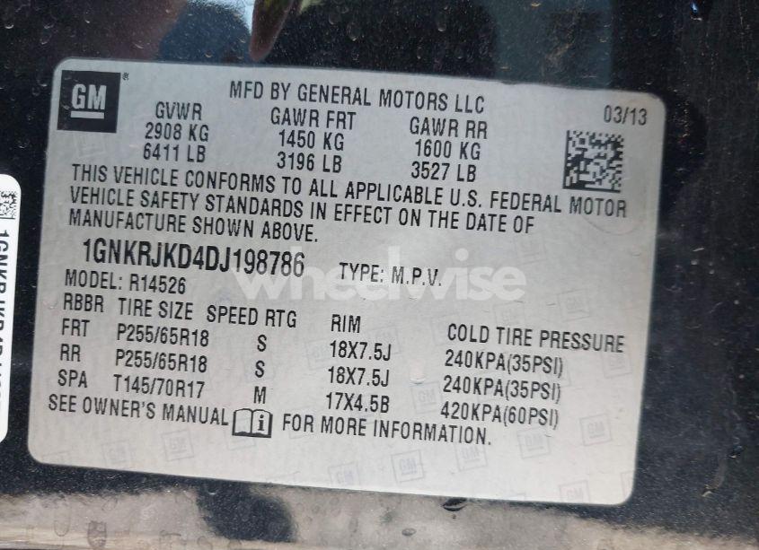 Photo 9 of 2013 Chevrolet Traverse 2LT (VIN 1GNKRJKD4DJ198786)