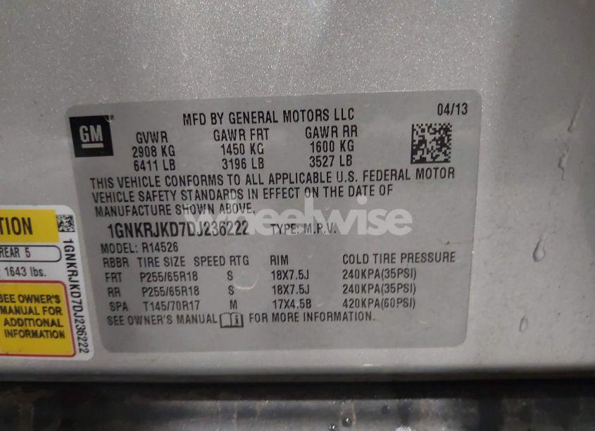 Photo 9 of 2013 Chevrolet Traverse 2LT (VIN 1GNKRJKD7DJ236222)