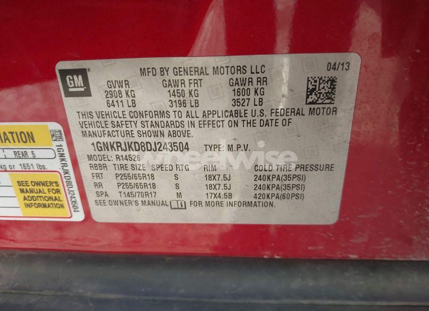 Photo 9 of 2013 Chevrolet Traverse 2LT (VIN 1GNKRJKD8DJ243504)