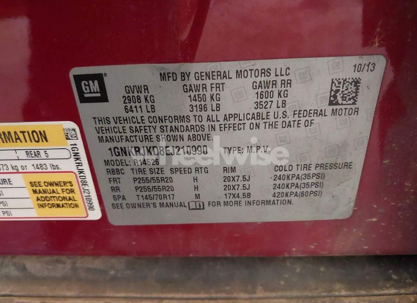 Photo 9 of 2014 Chevrolet Traverse LTZ (VIN 1GNKRJKD8EJ210990)