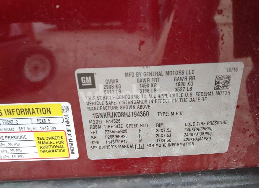 Photo 9 of 2017 Chevrolet Traverse PREMIER (VIN 1GNKRJKD8HJ194360)