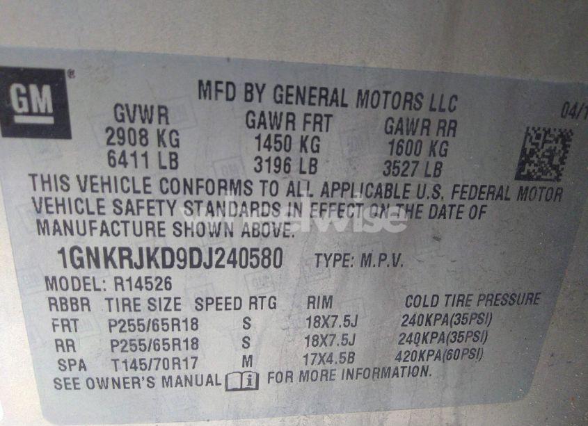 Photo 9 of 2013 Chevrolet Traverse 2LT (VIN 1GNKRJKD9DJ240580)