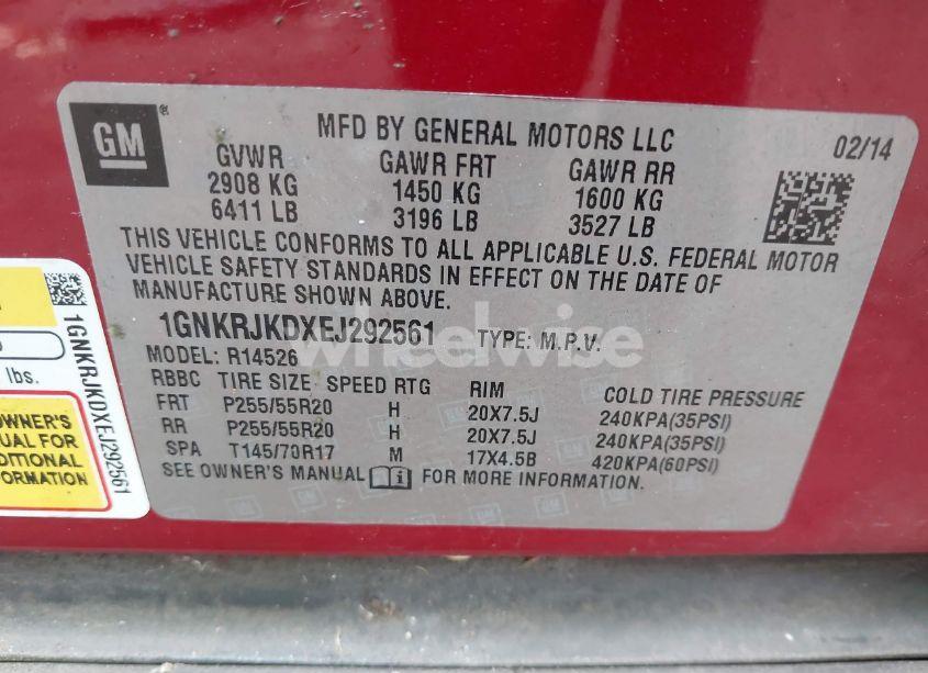 Photo 9 of 2014 Chevrolet Traverse LTZ (VIN 1GNKRJKDXEJ292561)