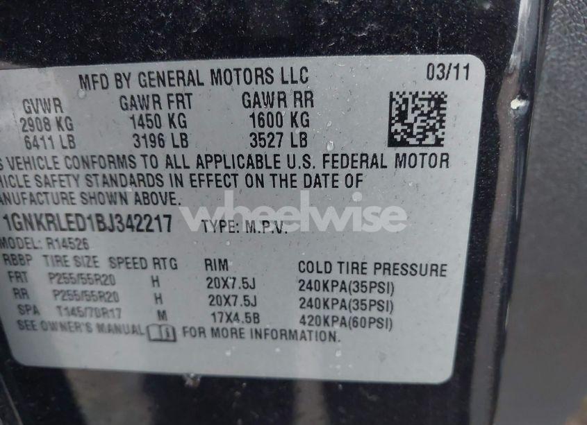 Photo 8 of 2011 Chevrolet Traverse LTZ (VIN 1GNKRLED1BJ342217)