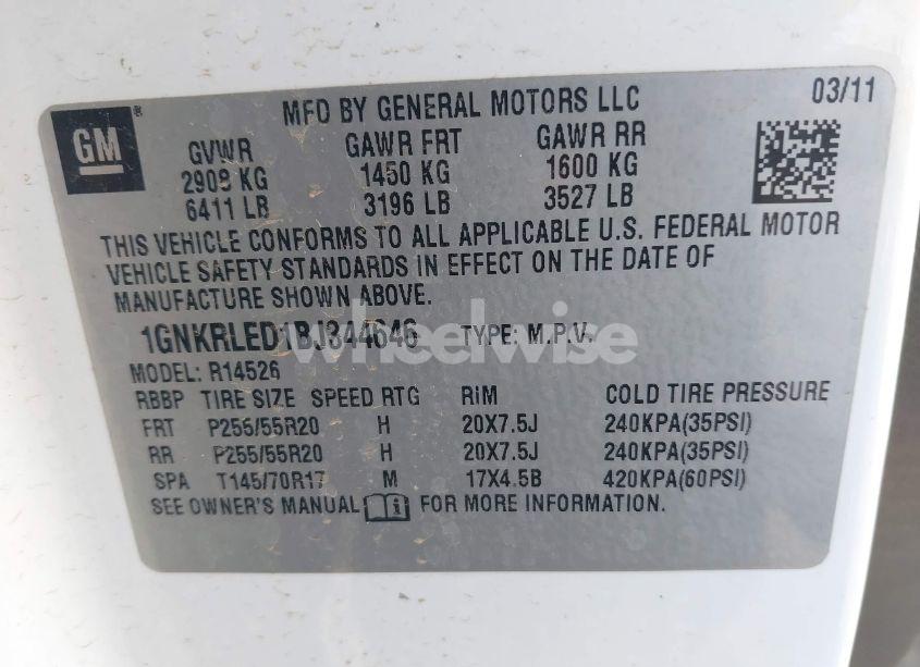 Photo 9 of 2011 Chevrolet Traverse LTZ (VIN 1GNKRLED1BJ344646)