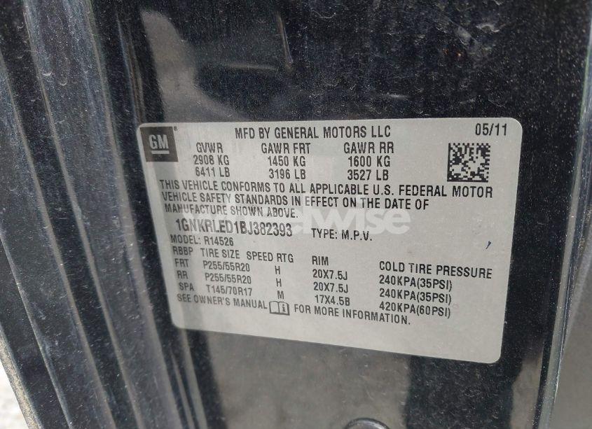 Photo 9 of 2011 Chevrolet Traverse LTZ (VIN 1GNKRLED1BJ382393)