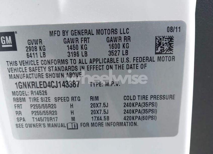 Photo 9 of 2012 Chevrolet Traverse LTZ (VIN 1GNKRLED4CJ143387)