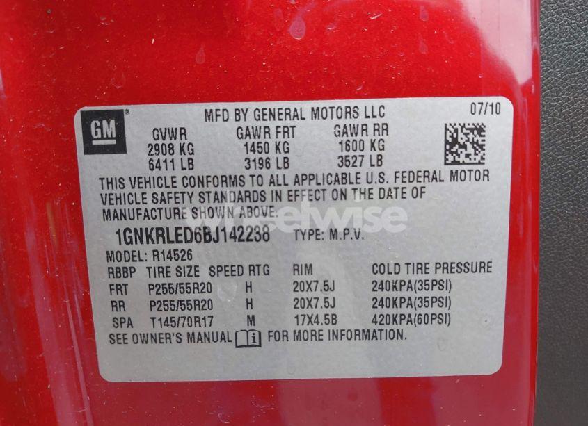 Photo 9 of 2011 Chevrolet Traverse LTZ (VIN 1GNKRLED6BJ142238)